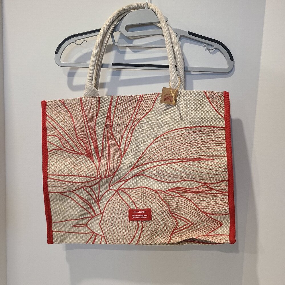 Clarins Womens Woven Shopping Tote Bag-Summer Beach-Red Floral-Natural Canvas